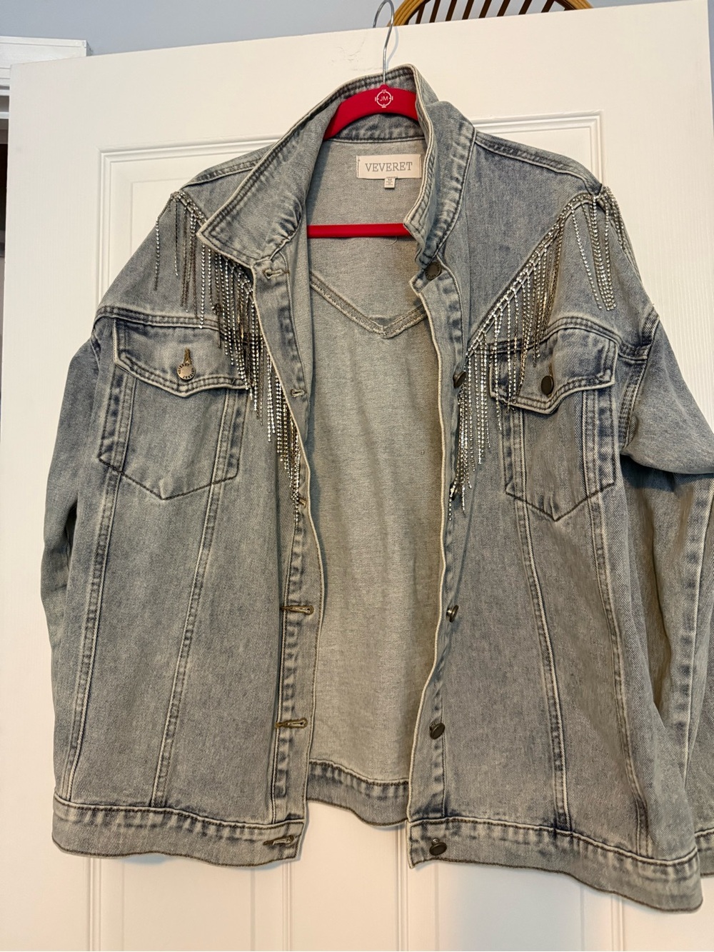 Veveret Light Wash Denim Jacket with Silver Chain Fringe